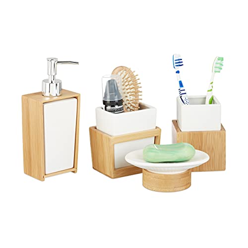 Relaxdays Badezimmer Set, 4-teiliges Badzubehör aus Keramik und Bambus, Seifenspender und Zahnputzbecher, natur-weiß, 10 x 14 x 20 cm von Relaxdays