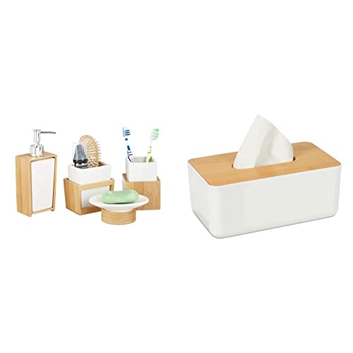 Relaxdays Badezimmer Set, 4-teiliges Badzubehör aus Keramik und Bambus, natur-weiß, 10 x 14 x 20cm & Tücherbox mit Deckel aus Bambus, fürs Bad, modernes Design, Kunststoff, 10 x 23 x 13 cm, weiß/natur von Relaxdays