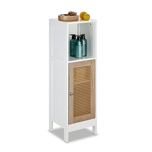 Relaxdays Badezimmerschrank, 3 Fächer, stehend, HBT: 96,5 x 30 x 30 cm, schmaler Badschrank mit Rattan-Tür, weiß/Natur von Relaxdays