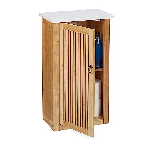 Relaxdays Badezimmerschrank, Hängeschrank mit Einlegeboden, HxBxT: 60x34,5x21 cm, Wandschrank, Bambus & MDF, Natur/weiß von Relaxdays