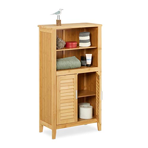 Relaxdays Badezimmerschrank Bambus, HBT: ca. 92 x 50 x 25 cm, Badschrank mit Türen in Lamellen-Optik, natur, 1 Stück von Relaxdays