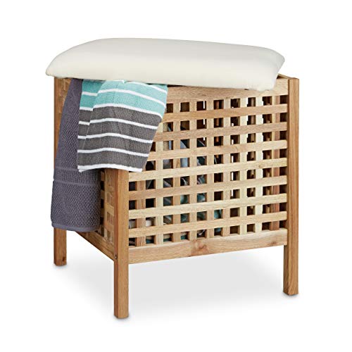 Relaxdays Badhocker Walnuss mit Wäschesammler HBT: 52 x 49 x 49 cm Badhocker mit Sitzkissen aus Leinen und Wäschekorb 52 Liter Sitzhocker mit Stauraum aus Massiv Walnuss Holz, natur weiß von Relaxdays