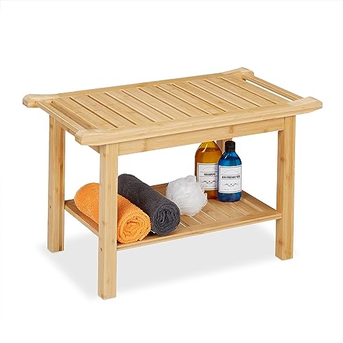 Relaxdays Badhocker aus Bambus, extra Ablagefläche & Griffe, HxBxT: 45 x 75 x 40,5 cm, Sitzbank für 2 Personen, Natur von Relaxdays