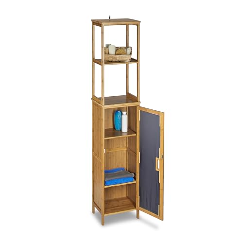 Relaxdays Badregal Bambus mit 5 Ablagen, Standregal mit Schranktür HxBxT: 170 x 33,5 x 28 cm, Badschrank stehend, natur von Relaxdays