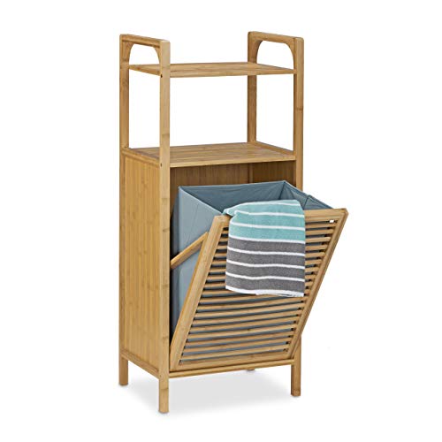 Relaxdays Badregal mit Wäschekorb aus Bambus HBT 95 x 40 x 30 cm Badschrank mit 2 Ablagen für Badaccessoires als Wäschebehälter mit ausklappbarem Wäschesack Wäschetruhe ca. 25 L Wäschebox, natur von Relaxdays