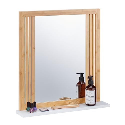 Relaxdays Badspiegel mit Ablage, Bambus & MDF, rechteckig, HxBxT: 56,5 x 54 x 10 cm, Spiegel zum Aufhängen, Natur/weiß, 80% Faserplatte, 10% Glas von Relaxdays