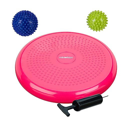 Relaxdays Balance Kissen, 2 Massagebälle, Ø 32 cm, bis 140 kg, ergonomisches Wackelkissen mit Noppen, Luftpumpe, pink von Relaxdays