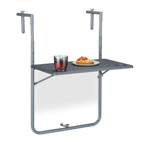 Relaxdays Balkonhängetisch klappbar, BxT: 59,5 x 60 cm, 3-Fach höhenverstellbar, 2 Getränkehalter, Geländertisch, grau von Relaxdays