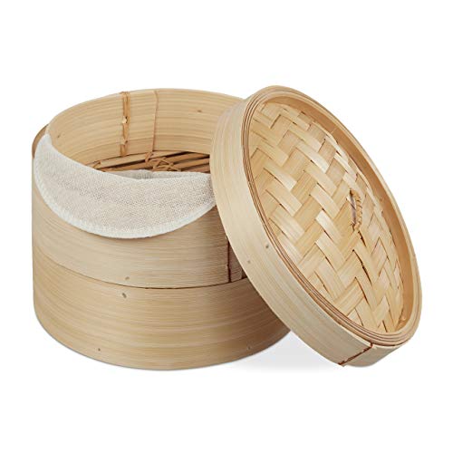 Relaxdays Bambus Dampfgarer, asiatischer Dämpfkorb mit 2 Etagen, für Dim Sum, Reis, Dampfgarer Einsatz, Ø 20,5 cm, natur von Relaxdays
