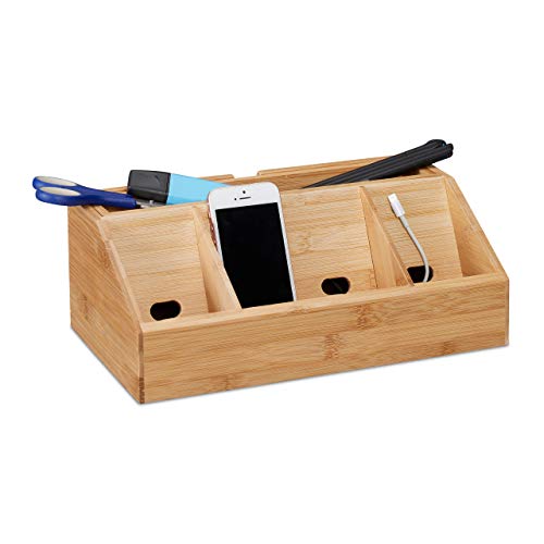 Relaxdays Bambus H x B x T: ca. 11 x 30 x 17,5 cm inklusive Handyhalter auch als Ladestation Aufbewahrungsbox Büro mit 5 Fächern, Natur Schreibtisch-Organizer, 17.5 x 30 x 11 cm von Relaxdays