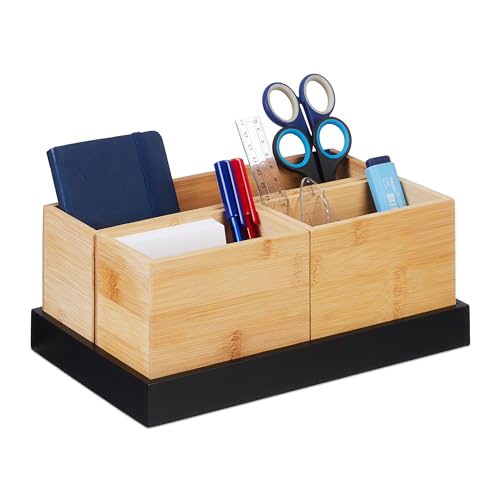 Relaxdays Bambus Organizer, 4-teiliges Set, Schreibtischutensilien, Kosmetik, für Büro, Bad, Ablageschale, Natur/schwarz, 11 x 28 x 17,5 cm von Relaxdays