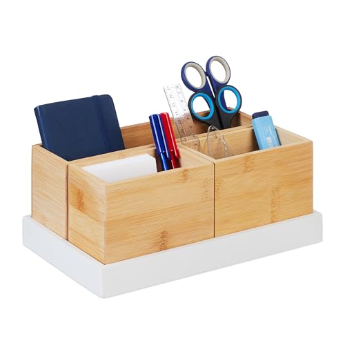 Relaxdays Bambus Organizer, 4-teiliges Set, Schreibtischutensilien, Kosmetik, für Büro, Bad, Ablageschale, Natur/weiß von Relaxdays