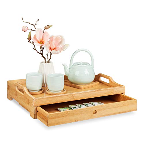 Relaxdays Bambus Serviertablett, entnehmbare Schublade, Frühstückstablett mit Griffen, H x B x T: 10 x 43 x 31 cm, natur von Relaxdays