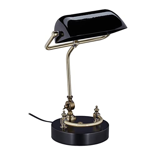 Relaxdays Bankerlampe, Glasschirm, Holzfuß, neigbare Bibliothekslampe, E27-Fassung, Schreibtischlampe Retro, schwarz von Relaxdays