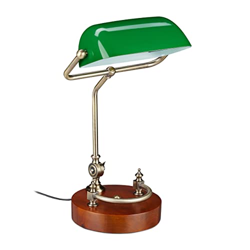 Relaxdays Bankerlampe, neigbarer Glasschirm, Holzfuß, E27-Fassung, Schreibtischlampe Retro, Bibliothekslampe, grün-braun, 42 x 26 x 25 cm von Relaxdays