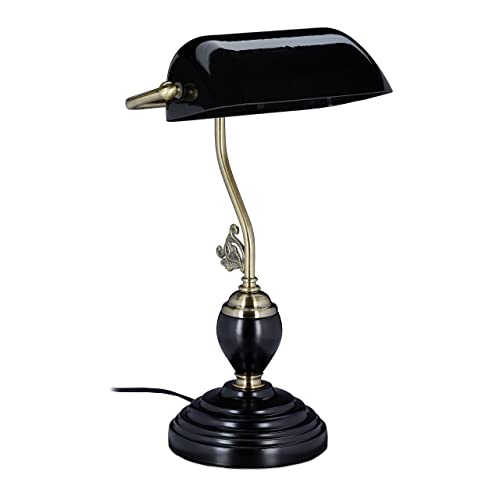 Relaxdays Bankerlampe, neigbarer Glasschirm, Holzfuß, E27-Fassung, Schreibtischlampe Retro, Bibliothekslampe, schwarz, 44 x 26 x 19 cm von Relaxdays