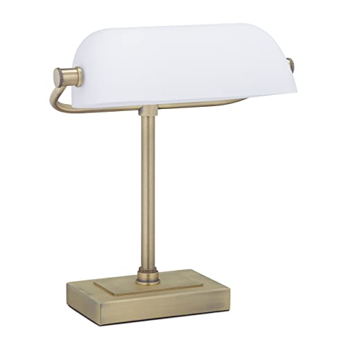 Relaxdays Bankerlampe, neigbarer Glasschirm, Metallsockel, E14, Schreibtischlampe Retro, Bibliothekslampe, weiß/messing, 33 x 26 x 20 cm von Relaxdays