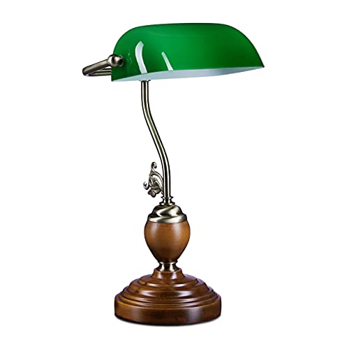 Relaxdays Bankerlampe Holzfuß grün Klassiker Schreibtischlampe – Retro Tischlampe Banker Lampe Messing-Optik & geschwungenen Verzierungen der 30er Jahre – Holz Gals Metall – 26,5 x 43 x 18 cm – E27 von Relaxdays