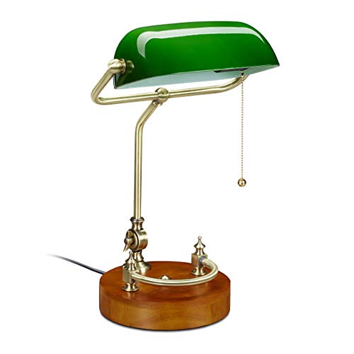 Relaxdays Bankerlampe mit Zugschalter, neigbarem Glasschirm & Holzfuß, Bankerleuchte E27, Schreibtischlampe Retro, grün, 10034408, 43 x 27 x 22 cm von Relaxdays