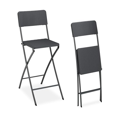 Relaxdays Barhocker klappbar, 2er Set, Rattan-Optik, Rückenlehne, HBT: 115 x 44 x 63 cm, Barstuhl, PE & Metall, grau von Relaxdays