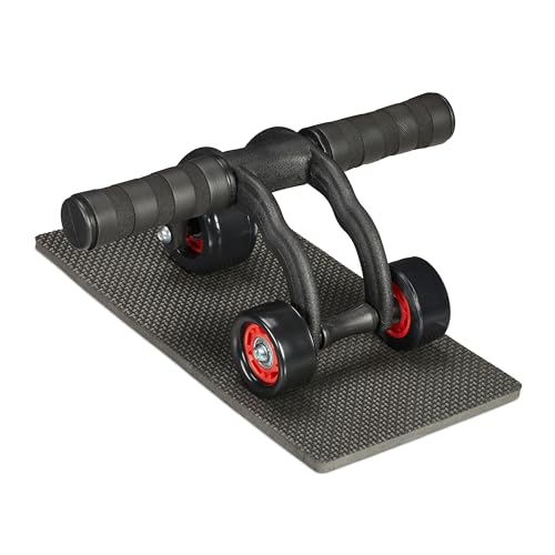 Relaxdays Bauchroller mit 3 Rädern, Bauchtrainer für Zuhause, Damen & Herren, Fitnessrolle mit Kniematte, schwarz/rot von Relaxdays