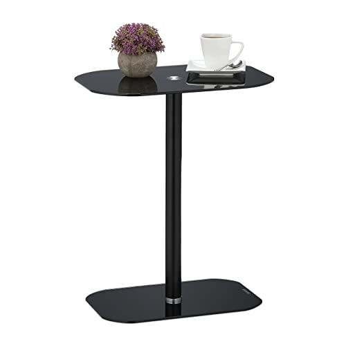 Relaxdays Beistelltisch, Glas & Stahl, HxBxT: 54,5 x 44,5 x 29,5cm, Sofatisch für Wohnzimmer, abgerundete Ecken, schwarz von Relaxdays