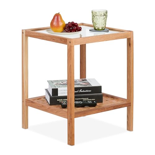 Relaxdays Beistelltisch, Wohnzimmertisch mit Glasablage, HBT 50x40x40 cm, Ablagetisch aus Walnussholz, Nachttisch, Natur, Holz, 50 x 40 x 40 cm von Relaxdays