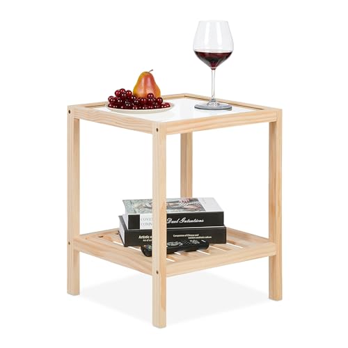 Relaxdays Beistelltisch, Wohnzimmertisch mit Glasplatte, Holz, HxBxT: 50 x 40 x 40 cm, quadratischer Ablagetisch, Natur von Relaxdays