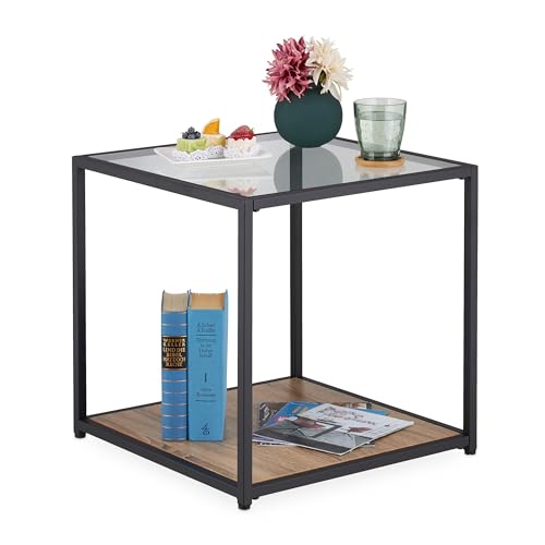 Relaxdays Beistelltisch, quadratischer Couchtisch mit 2 Ablagen, Metall & Glas, HxBxT: 50 x 50 x 50 cm, schwarz/Natur von Relaxdays