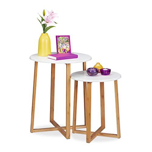 Relaxdays Beistelltisch 2er Set, runde Satztische, 48,5 & 60,5 cm hoch, modernes Design, Wohnzimmertisch, Natur/weiß, MDF Platten, Bambus von Relaxdays