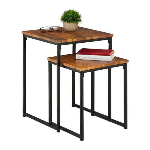 Relaxdays Beistelltisch 2er Set, stapelbar, Industrie Design, Satztisch 2 Größen, quadratisch, Metall, braun/schwarz von Relaxdays