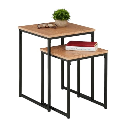 Relaxdays Beistelltisch 2er Set, stapelbar, Industrie Design, Satztisch 2 Größen, quadratisch, Metall, hellbraun/schwarz von Relaxdays