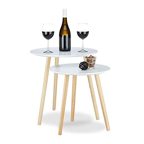 Relaxdays Beistelltisch 2er Set skandinavisch, 70er Design, Nachttische, Satztische, Durchmesser 39 und 47,5 cm, weiß, 47.5 x 47.5 x 47 cm von Relaxdays