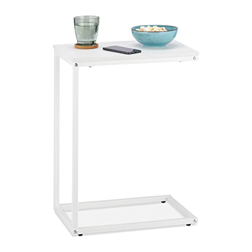Relaxdays Beistelltisch C-Form, HBT: 60 x 30 x 45 cm, Sesseltisch zum Unterschieben, Metall & Holzoptik, Sofatisch, weiß von Relaxdays
