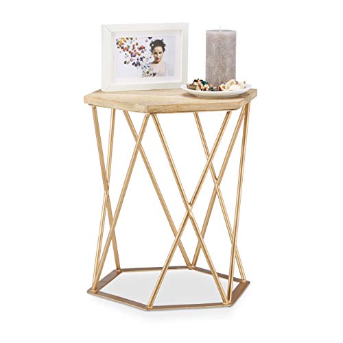 Relaxdays Beistelltisch Hocker, 6-eckiger Dekotisch mit Metallgestell in Gold, Sitzhocker 2in1, HxBxT 45x40x35 cm, natur von Relaxdays