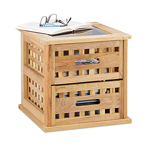 Relaxdays Beistelltisch Walnuss, quadratischer Nachtschrank aus Naturholz mit 2 Schubladen, HBT: 34 x 34 x 34 cm, natur von Relaxdays