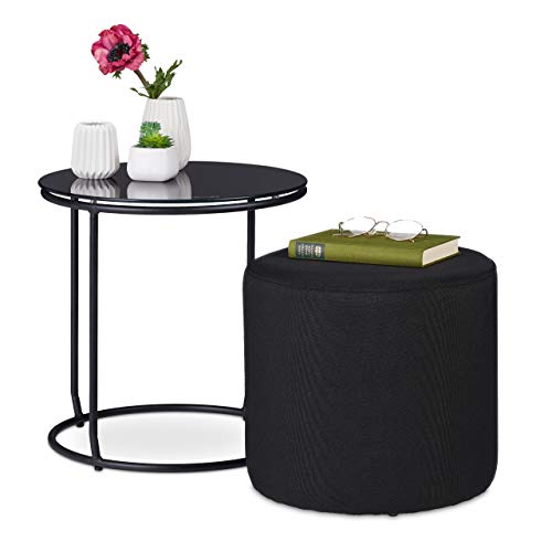 Relaxdays Beistelltisch mit Hocker, runder Couchtisch mit Sitzhocker, platzsparend, Glas & Metall, 40 x 40 cm, schwarz, 1 Stück von Relaxdays