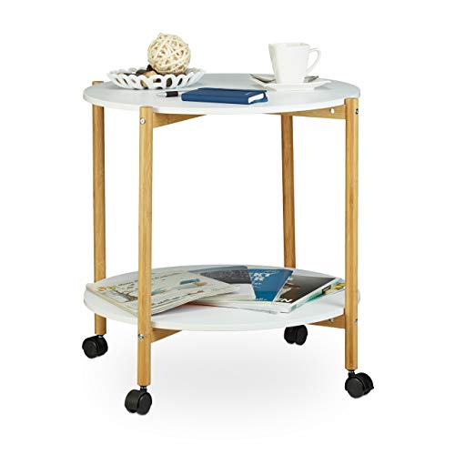 Relaxdays Beistelltisch mit Rollen, runder Kaffeetisch mit 2 Ebenen, fahrbarer Couchtisch f. universellen Einsatz, weiß, 61 x 61 x 58.5 cm von Relaxdays