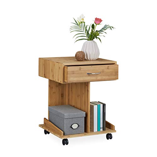 Relaxdays Beistelltisch mit Rollen ROLLI Bambus, Schublade, 2 Ablagen für Bücher, HxBxT: ca. 56,5 x 43 x 46 cm, natur von Relaxdays