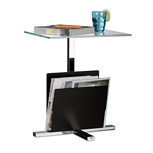 Relaxdays Beistelltisch mit Zeitungsständer, Metall, Glas Couchtisch, Zeitungsablage, HxBxT: 53 x 46 x 36 cm, schwarz von Relaxdays