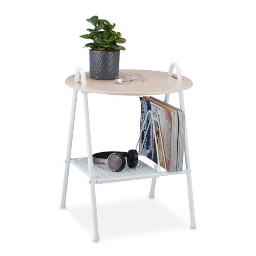 Relaxdays Beistelltisch mit Zeitungsständer, Metall, MDF, Tischplatte in Holzoptik, Beitisch HBT 55x45x45 cm, weiß/natur von Relaxdays