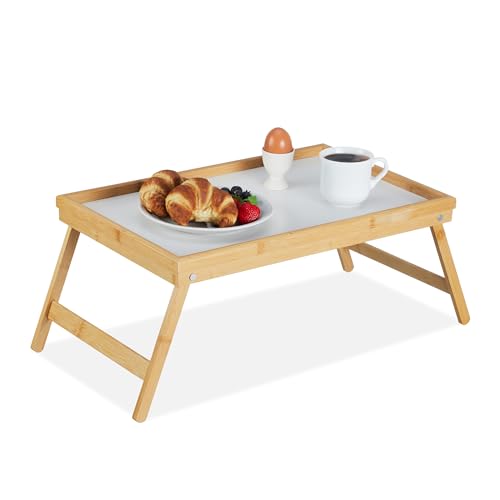 Relaxdays Betttablett Bambus, faltbar, Serviertablett für Frühstück im Bett mit klappbaren Beinen als Tabletttisch und Sofatisch Beistelltisch mit Tablett aus Kunststoff, natur, 10013869, Braun, Bett Tablett Weiß-Bambus von Relaxdays