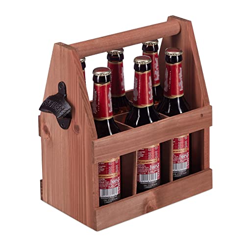 Relaxdays Bierträger aus Holz, mit Flaschenöffner, Flaschenträger 6 Flaschen, Vatertagsgeschenk, Männerhandtasche, braun von Relaxdays