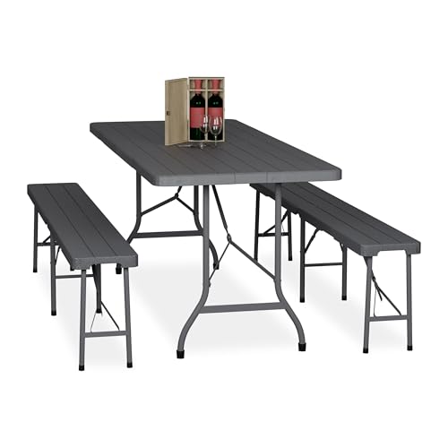 Relaxdays Bierzeltgarnitur klappbar, 3-TLG. Bierbank Set mit großem Tisch, Garten, Festzeltgarnitur, Holzoptik, grau von Relaxdays