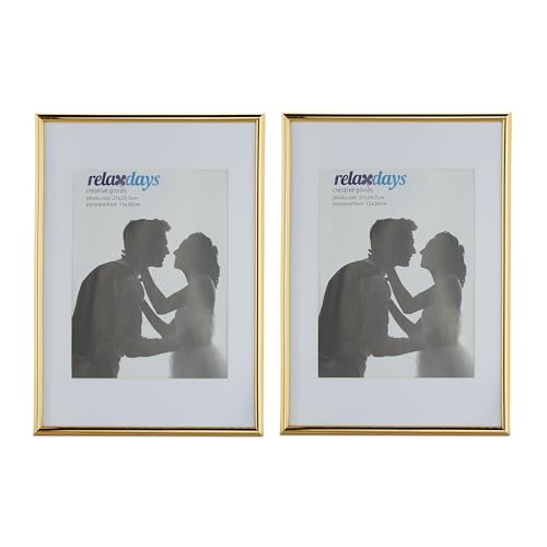 Relaxdays Bilderrahmen 2er Set, 20x30 cm, Passepartout 15x20 cm, Glasscheibe, Fotorahmen zum Stellen & Hinhängen, gold von Relaxdays