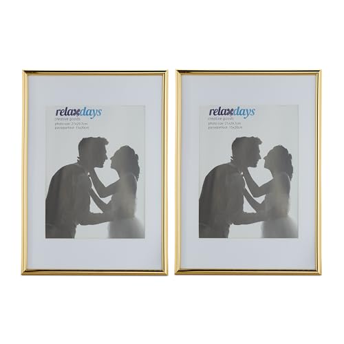 Relaxdays Bilderrahmen 2er Set, Din A4, Passepartout 30.5 x 22 cm, Glasscheibe, Fotorahmen zum Stellen oder Hinhängen, Gold, 60% Kunststoff 40% Glas von Relaxdays