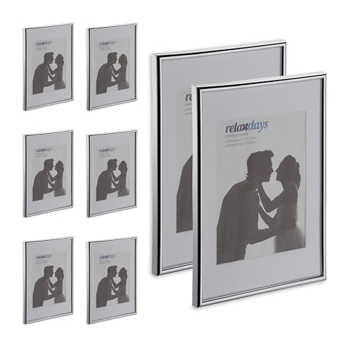 Relaxdays Bilderrahmen 8er Set, DIN A4, Hoch-& Querformat, Fotorahmen zum Aufhängen, Hinstellen, Passepartout, Silber von Relaxdays