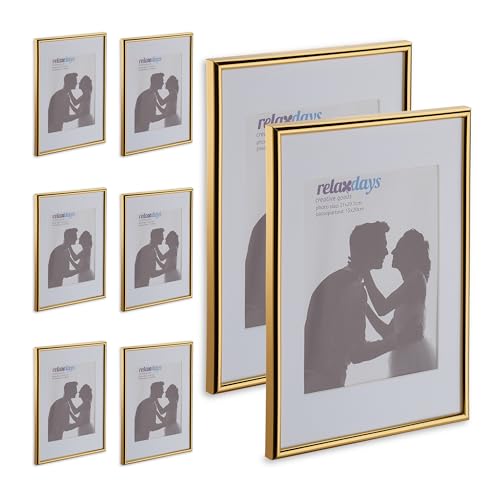 Relaxdays Bilderrahmen 8er Set, DIN A4, Hoch-& Querformat, Fotorahmen zum Aufhängen, Hinstellen, mit Passepartout, Gold von Relaxdays