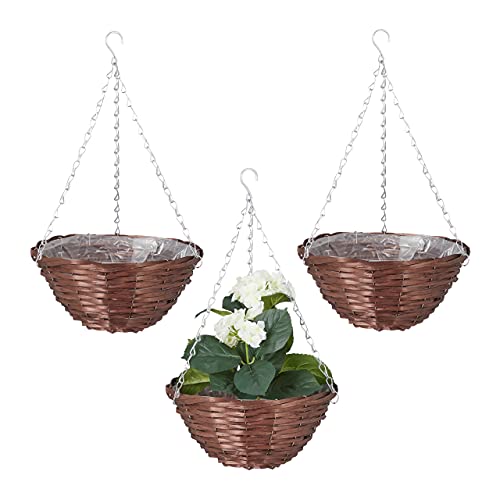 Relaxdays Blumenampel 3er Set, Durchmesser 30cm, bepflanzbare Innenfolie, Blumen und Pflanzen, Weide & Eisen, braun von Relaxdays