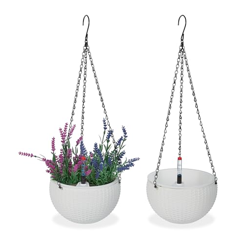 Relaxdays Blumenampel mit Wasserspeicher, 2er Set, Wasseranzeige, Flechtoptik, HxD: 54x18,5 cm, Blumentopf hängend, weiß von Relaxdays